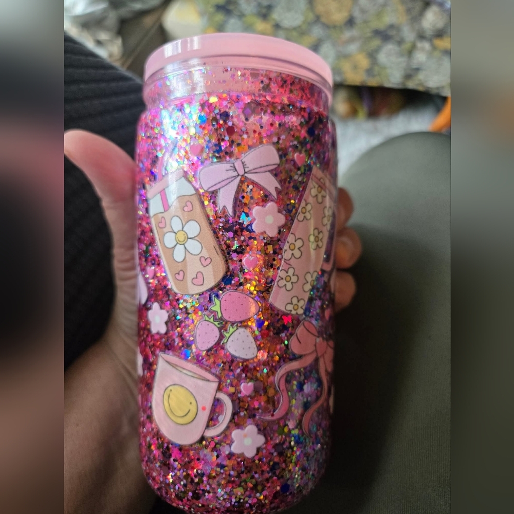 Pink Glitter Tumbler with Cute Designs